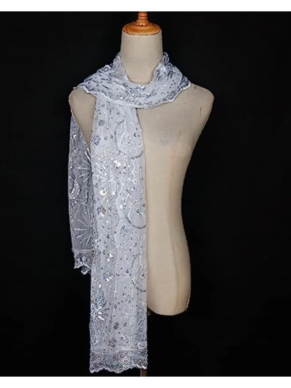 1920s Sequin Fringed Shawl Wrap Lace Evening Scarf